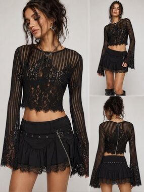 Tobi Kiley Black Lace Crop Top Bell Sleeve Sheer Whimsy Goth Festival Y2K Grunge